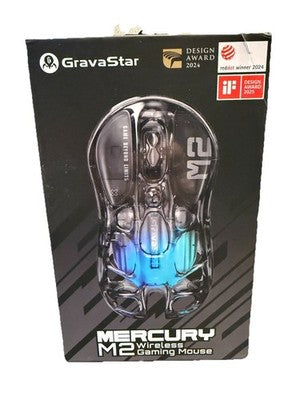 Gravastar Mercury M2 wireless gaming mouse in matte black with honeycomb shell, RGB lighting, and precision optical sensor