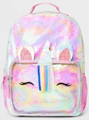 Cat & Jack kids' 16-inch Flip Sequin Unicornio backpack in pink with reversible sequin unicorn design and school pockets