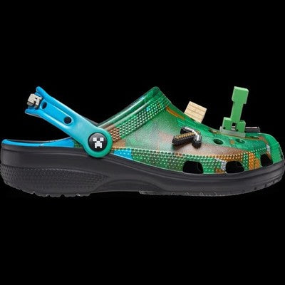 Crocs Minecraft Classic Clog kids' size C12 in Creeper green with pixel-block design and Minecraft Jibbitz charms