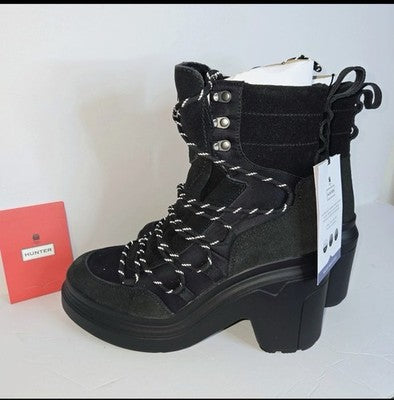 Hunter Discoverer lace-up mid-heel leather bootie women's US 7 in black with genuine leather upper and stacked heel