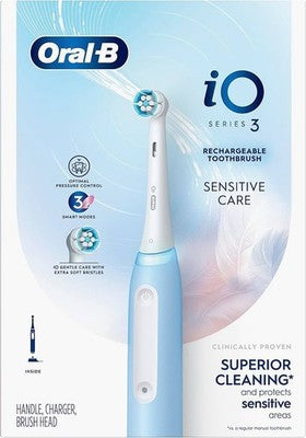 Oral-B iO Series 3 rechargeable electric toothbrush in Icy Blue with round brush head, pressure sensor, and magnetic charger
