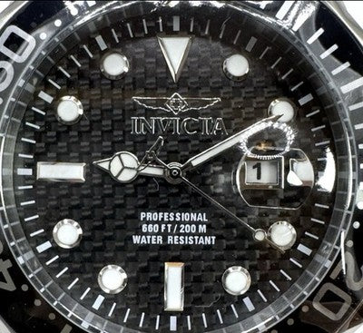 Invicta Men's Watch Pro Diver Silver SS Bracelet Black Carbon Fiber Dial 12562