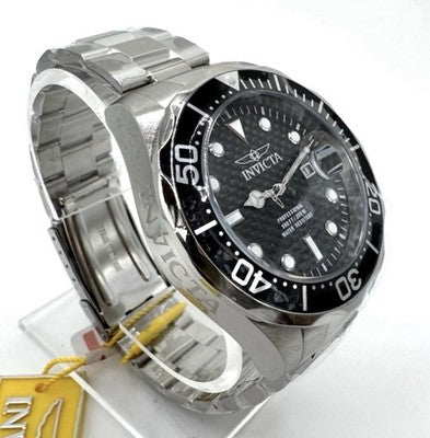 Invicta Men's Watch Pro Diver Silver SS Bracelet Black Carbon Fiber Dial 12562