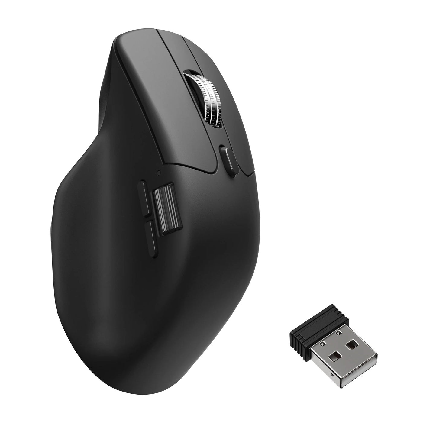 Keychron M6 wireless mouse in black with its USB receiver
