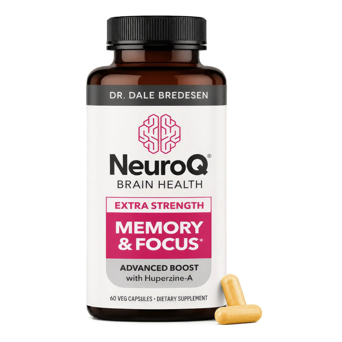 NeuroQ Brain Health Memory and Focus Extra Strength supplement bottle, 60 veg capsules