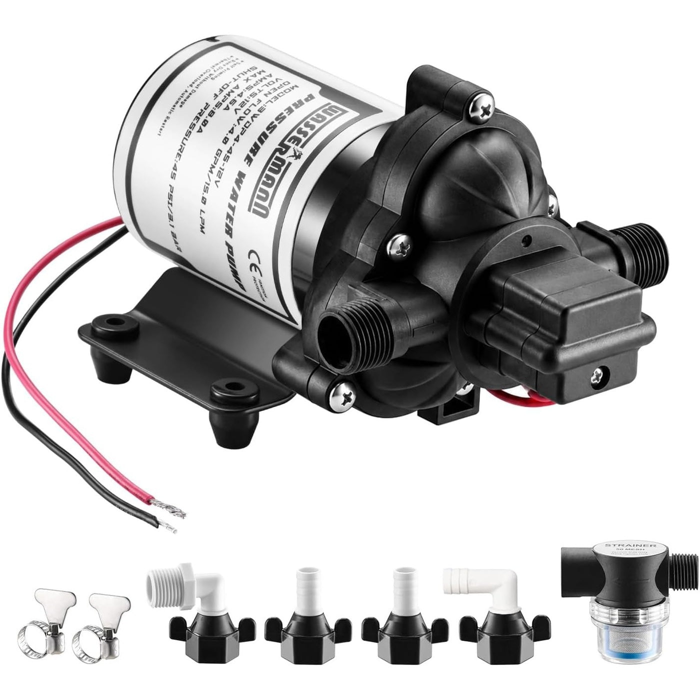 WASSERMANN 12V RV water pump with fittings and inline strainer