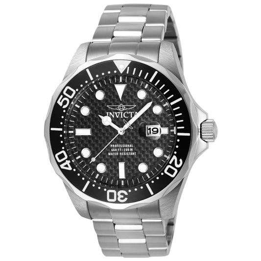 Invicta Men's Watch Pro Diver Silver SS Bracelet Black Carbon Fiber Dial 12562