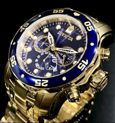 Invicta Pro Diver 0073 48mm watch with gold and blue, stainless steel, chronograph