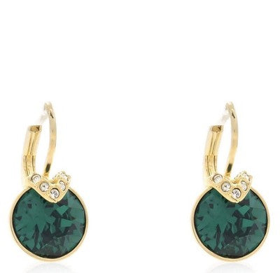 Swarovski Bella V drop earrings in round-cut green crystal with gold-tone plating and V-shaped elegant drop silhouette