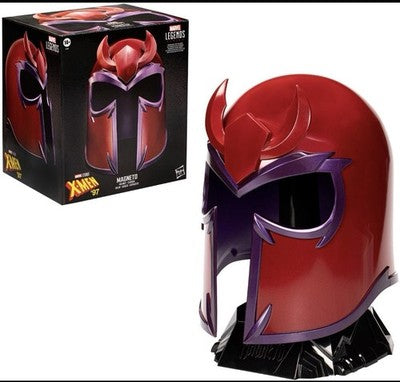 Marvel Legends Premium Magneto X-Men 1997 helmet wearable roleplay collectible with detailed sculpt and display stand
