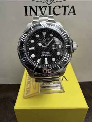 Invicta Men's Watch Pro Diver Silver SS Bracelet Black Carbon Fiber Dial 12562