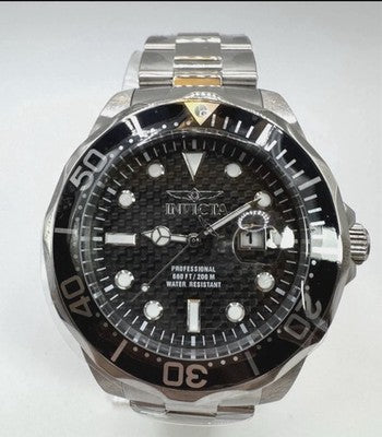 Invicta Men's Watch Pro Diver Silver SS Bracelet Black Carbon Fiber Dial 12562