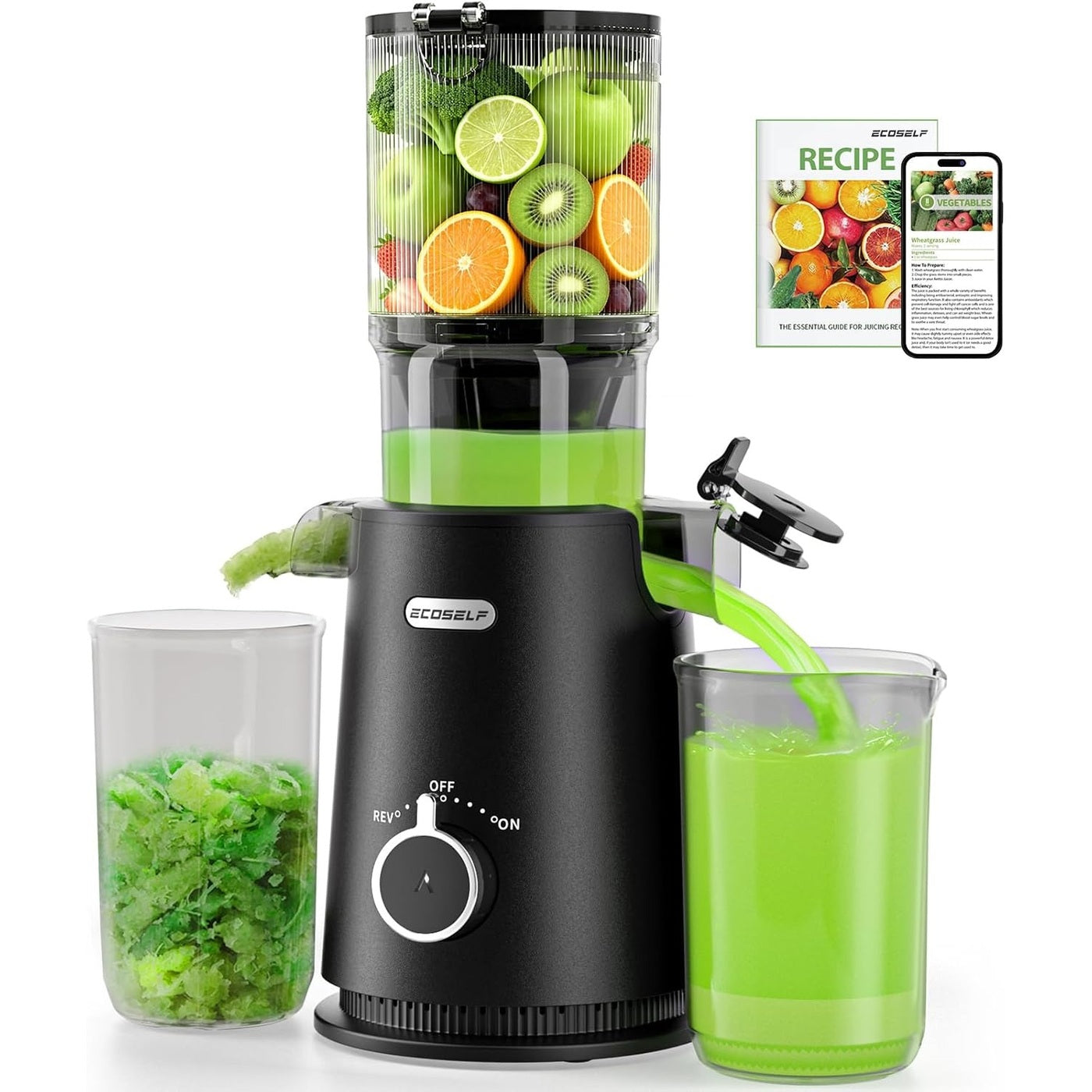 ECOSELF cold press juicer in black with wide mouth feed chute and juice containers