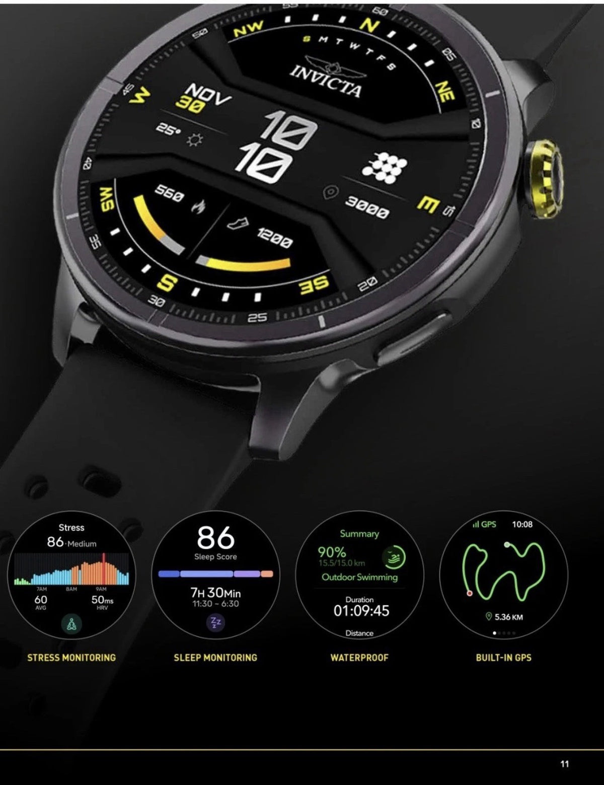 Invicta I-Tech 2 Pro Smartwatch 46mm Black Case Yellow Band GPS