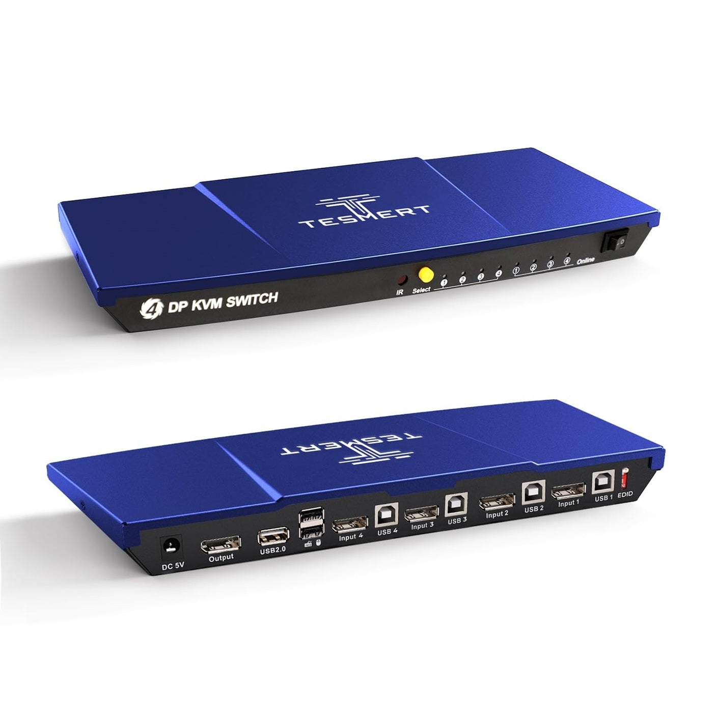 TESmart 4 port DisplayPort KVM switch in blue, top and rear port views