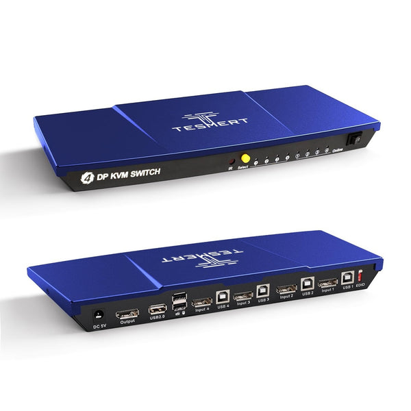 TESmart 4 port DisplayPort KVM switch in blue, top and rear port views