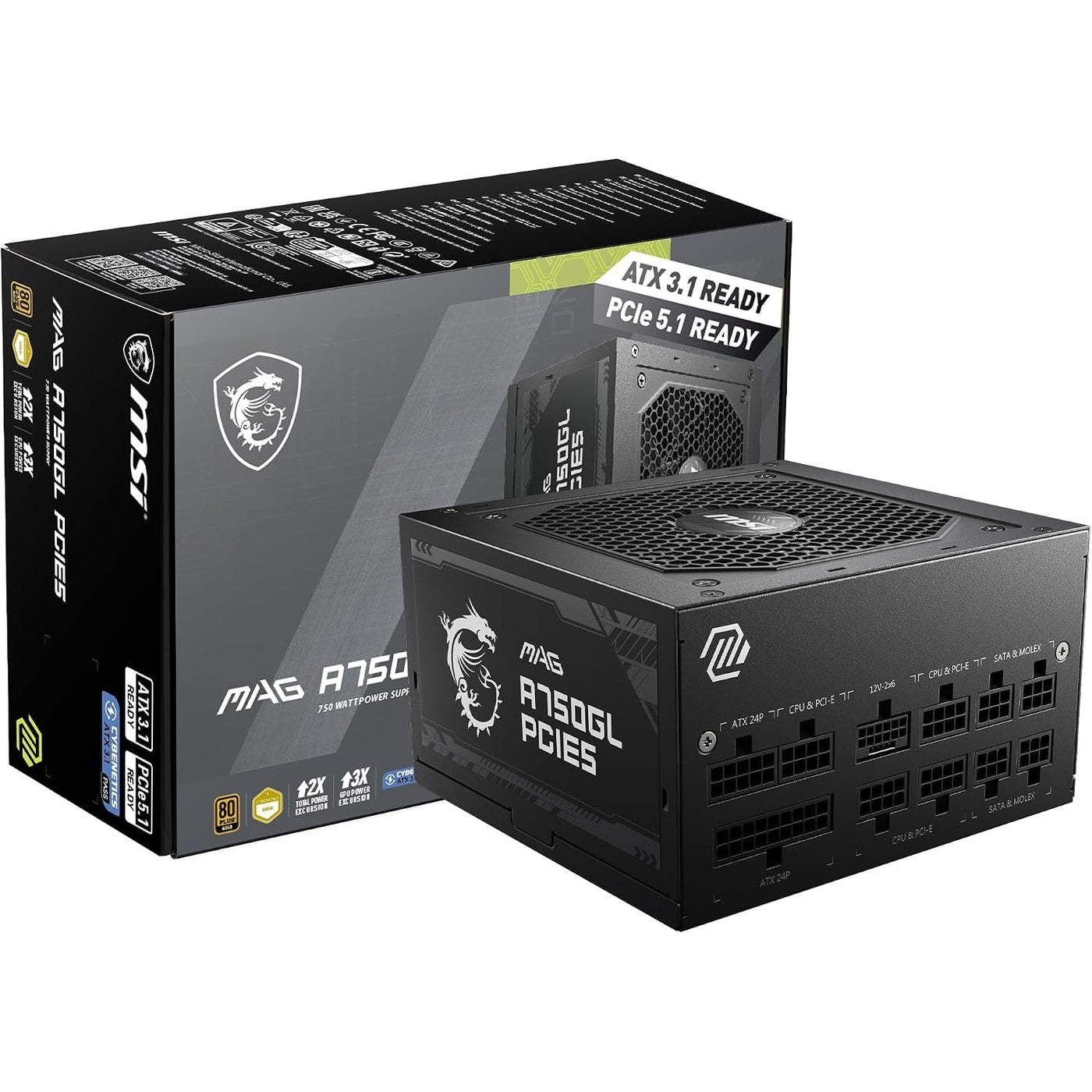 MSI MAG A750GL PCIE5 750W power supply with its retail box
