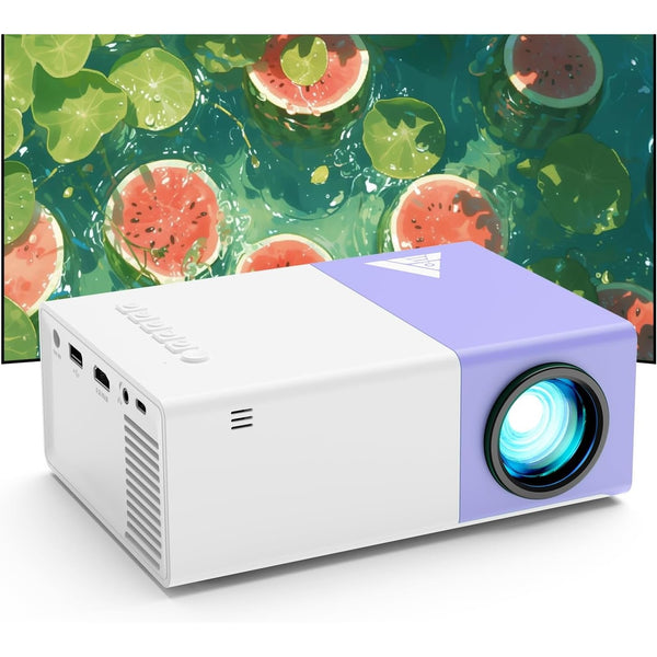 KHQ mini projector with a white body and purple front panel, projecting an image