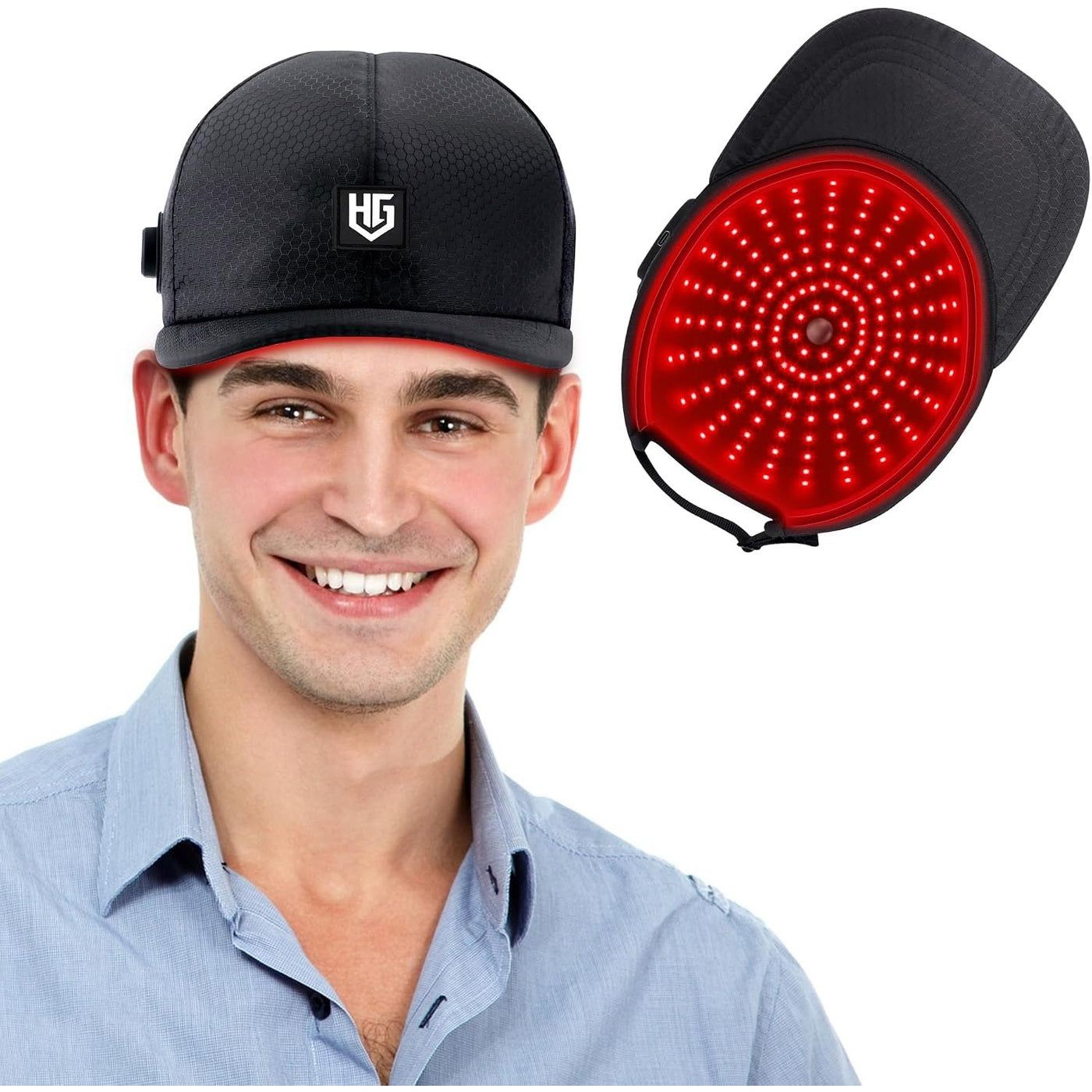 WEETALL cordless red light cap shown worn and from inside showing the red LED array