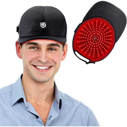WEETALL cordless red light cap shown worn and from inside showing the red LED array
